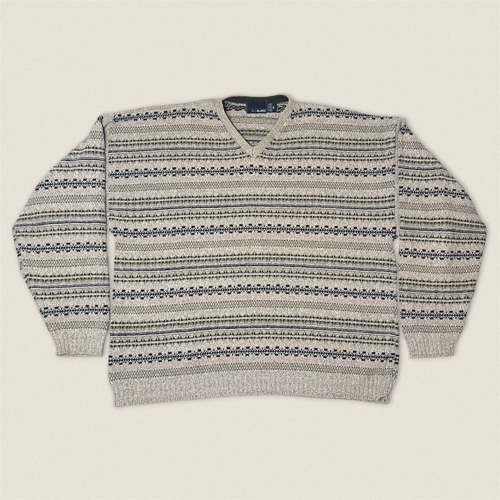Vintage 90s Bill Blass‎ V-Neck Grandpa Sweater Size Mens XL Grey Fair Isle